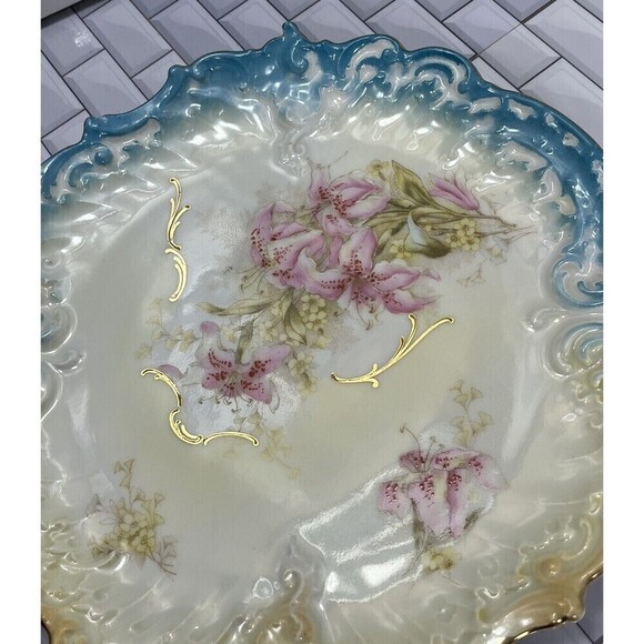 Handpainted Bavarian German Pink Lillies Porcelain Round Serving Tray 4200/55 - Picture 6 of 15